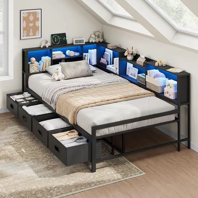 Main image of Twin Size Corner Bed Frame with 8 Bookcase Headboard & 4 Storage Drawers, Twin Metal Platform Bed with LED Light Strip & Charging Station, Twin Daybed for Kids Teens Guests, Black