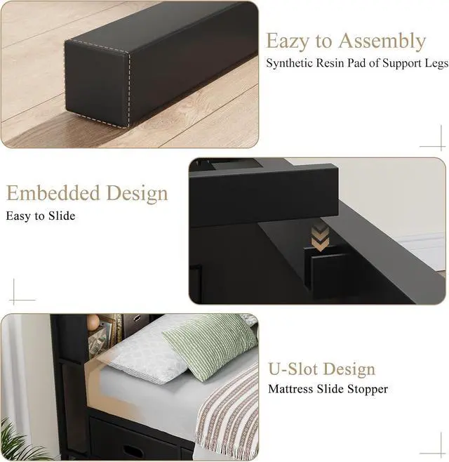 Alt view image 5 of 7 - Twin Size Corner Bed Frame with 8 Bookcase Headboard & 4 Storage Drawers, Twin Metal Platform Bed with LED Light Strip & Charging Station, Twin Daybed for Kids Teens Guests, Black