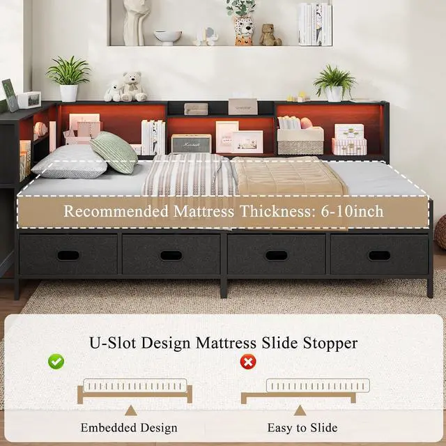 Alt view image 3 of 7 - Twin Size Corner Bed Frame with 8 Bookcase Headboard & 4 Storage Drawers, Twin Metal Platform Bed with LED Light Strip & Charging Station, Twin Daybed for Kids Teens Guests, Black