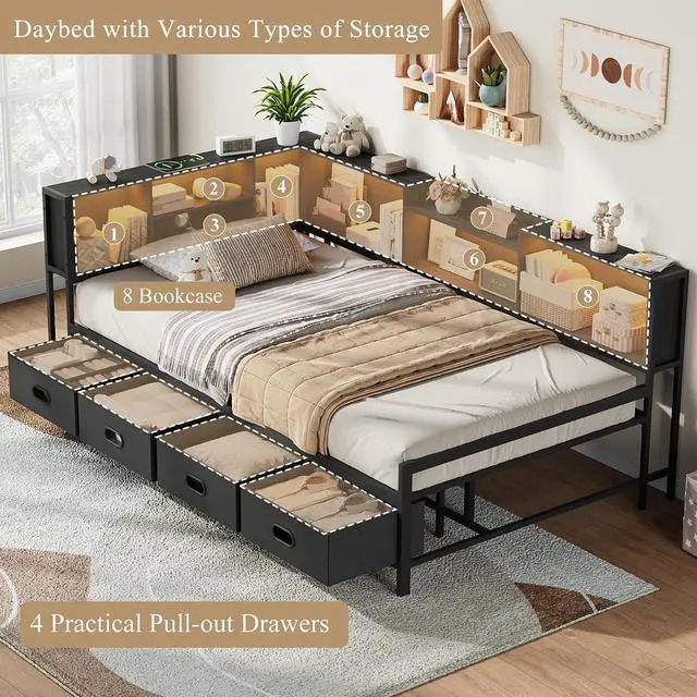 Alt view image 2 of 7 - Twin Size Corner Bed Frame with 8 Bookcase Headboard & 4 Storage Drawers, Twin Metal Platform Bed with LED Light Strip & Charging Station, Twin Daybed for Kids Teens Guests, Black