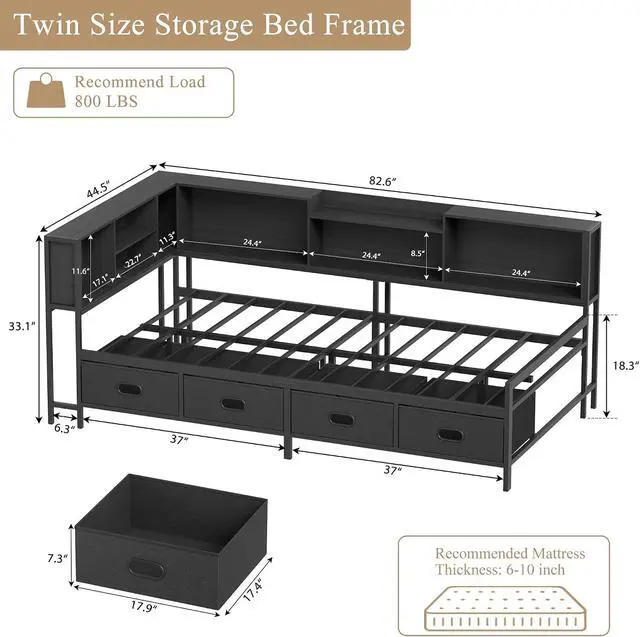 Alt view image 6 of 7 - Twin Size Corner Bed Frame with 8 Bookcase Headboard & 4 Storage Drawers, Twin Metal Platform Bed with LED Light Strip & Charging Station, Twin Daybed for Kids Teens Guests, Black