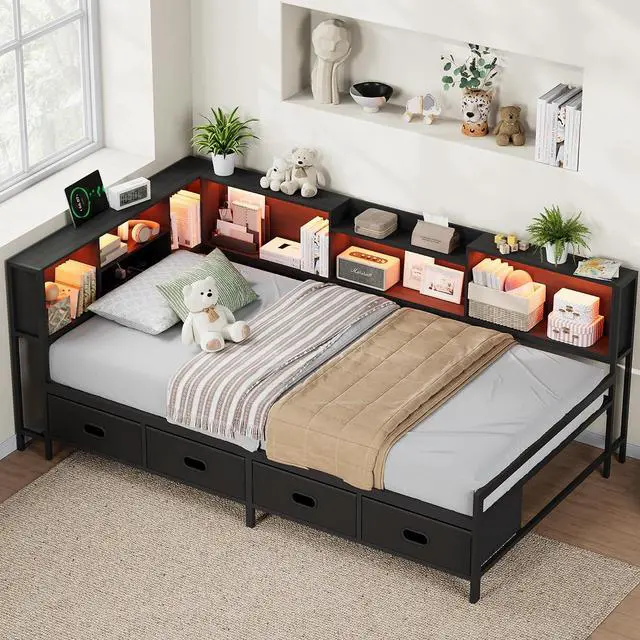 Alt view image 4 of 7 - Twin Size Corner Bed Frame with 8 Bookcase Headboard & 4 Storage Drawers, Twin Metal Platform Bed with LED Light Strip & Charging Station, Twin Daybed for Kids Teens Guests, Black