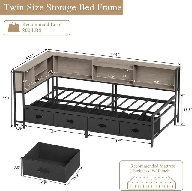 Alt view image 2 of 7 - Twin Size Corner Bed Frame with 8 Bookcase Headboard & 4 Storage Drawers,Twin Metal Platform Bed with LED Light Strip & Charging Station,Twin Daybed for Kids Teens Guests,Grey