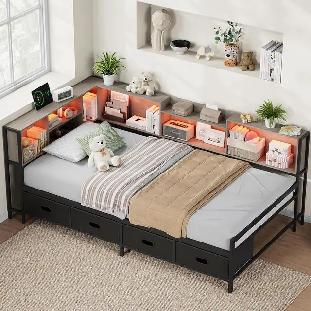 Alt view image 3 of 7 - Twin Size Corner Bed Frame with 8 Bookcase Headboard & 4 Storage Drawers,Twin Metal Platform Bed with LED Light Strip & Charging Station,Twin Daybed for Kids Teens Guests,Grey