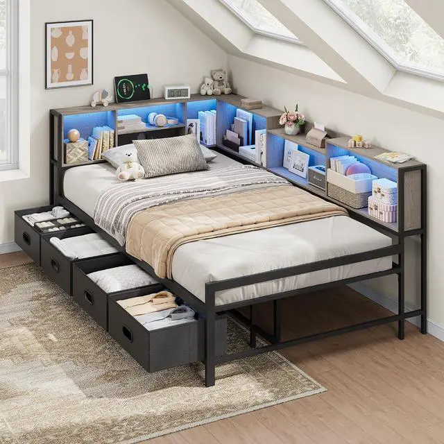Main image of Twin Size Corner Bed Frame with 8 Bookcase Headboard & 4 Storage Drawers,Twin Metal Platform Bed with LED Light Strip & Charging Station,Twin Daybed for Kids Teens Guests,Grey