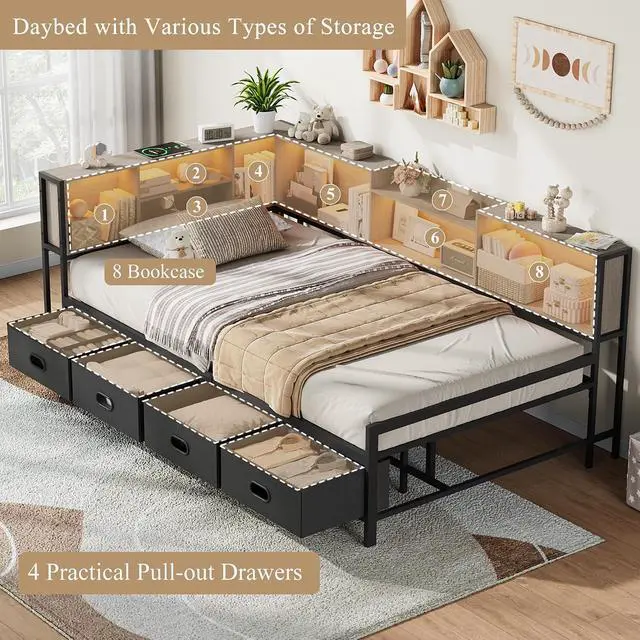 Alt view image 7 of 7 - Twin Size Corner Bed Frame with 8 Bookcase Headboard & 4 Storage Drawers,Twin Metal Platform Bed with LED Light Strip & Charging Station,Twin Daybed for Kids Teens Guests,Grey