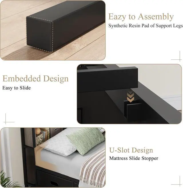 Alt view image 6 of 7 - Twin Size Corner Bed Frame with 8 Bookcase Headboard & 4 Storage Drawers,Twin Metal Platform Bed with LED Light Strip & Charging Station,Twin Daybed for Kids Teens Guests,Grey