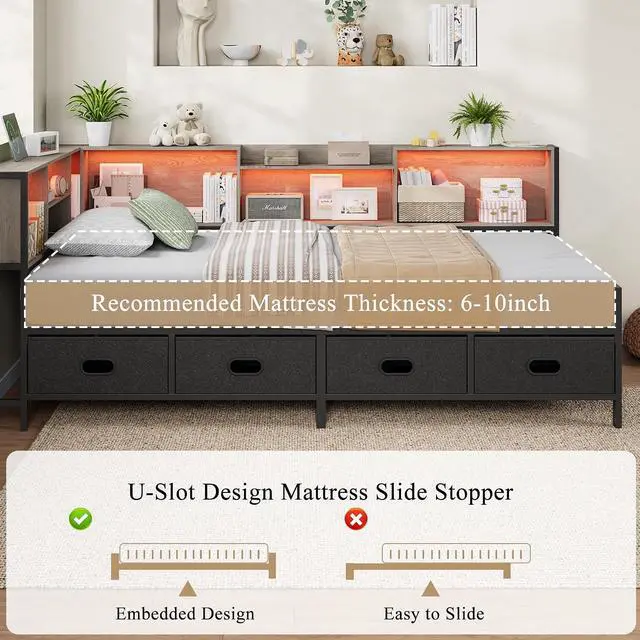 Alt view image 4 of 7 - Twin Size Corner Bed Frame with 8 Bookcase Headboard & 4 Storage Drawers,Twin Metal Platform Bed with LED Light Strip & Charging Station,Twin Daybed for Kids Teens Guests,Grey