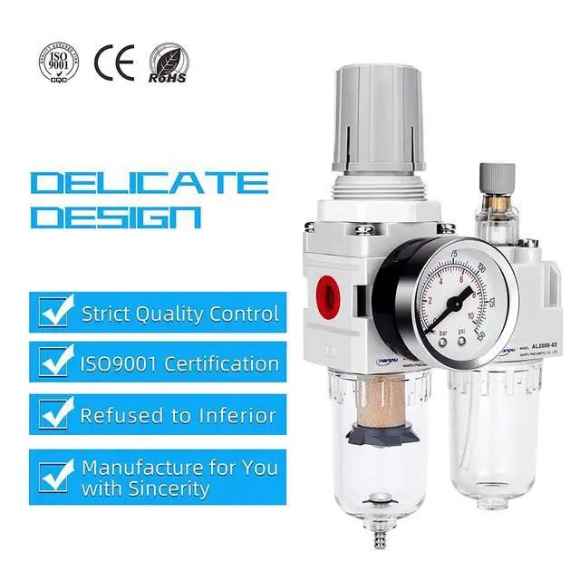 Alt view image 2 of 7 - 1/4" NPT Air Filter Regulator Lubricator Combo, Water Separator,5-micron brass filter, 0-150 psi gauge, poly bowl, semi-auto drain, 18 SCFM, helps protect tools from moisture and debris