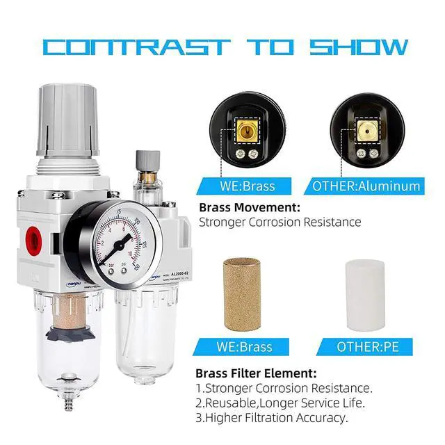 Alt view image 4 of 7 - 1/4" NPT Air Filter Regulator Lubricator Combo, Water Separator,5-micron brass filter, 0-150 psi gauge, poly bowl, semi-auto drain, 18 SCFM, helps protect tools from moisture and debris