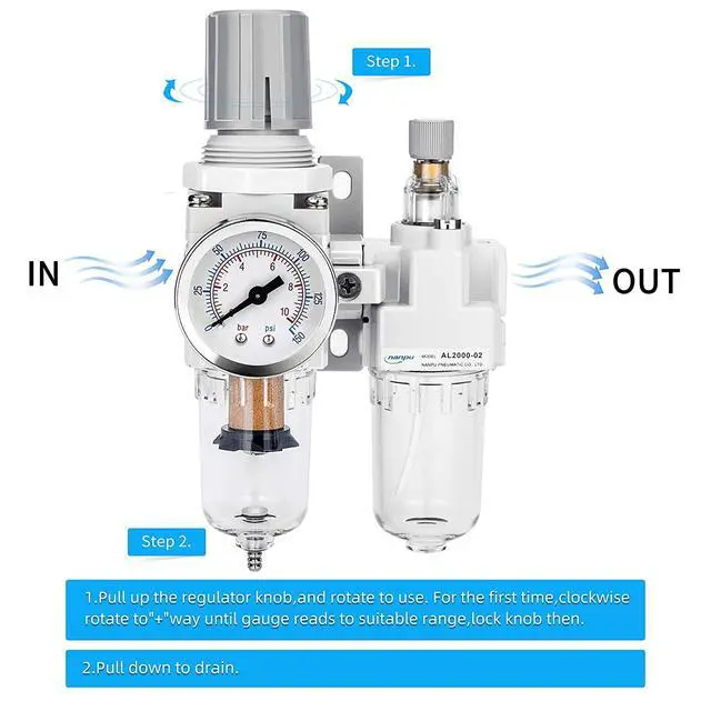 Alt view image 3 of 7 - 1/4" NPT Air Filter Regulator Lubricator Combo, Water Separator,5-micron brass filter, 0-150 psi gauge, poly bowl, semi-auto drain, 18 SCFM, helps protect tools from moisture and debris