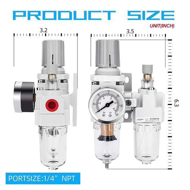 Alt view image 5 of 7 - 1/4" NPT Air Filter Regulator Lubricator Combo, Water Separator,5-micron brass filter, 0-150 psi gauge, poly bowl, semi-auto drain, 18 SCFM, helps protect tools from moisture and debris
