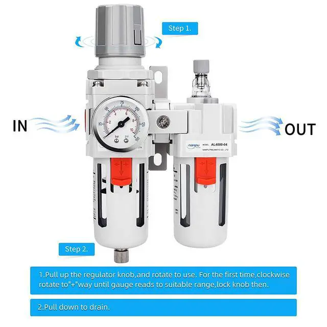 Alt view image 7 of 7 - 1/2" NPT Air Filter Regulator Lubricator Combo, Water Separator,5-micron brass filter, 0-150 psi gauge, poly bowl, semi-auto drain, 60 SCFM, helps protect tools from moisture and debris.