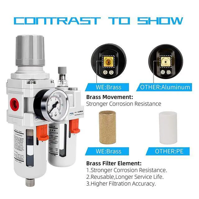 Alt view image 2 of 7 - 1/2" NPT Air Filter Regulator Lubricator Combo, Water Separator,5-micron brass filter, 0-150 psi gauge, poly bowl, semi-auto drain, 60 SCFM, helps protect tools from moisture and debris.
