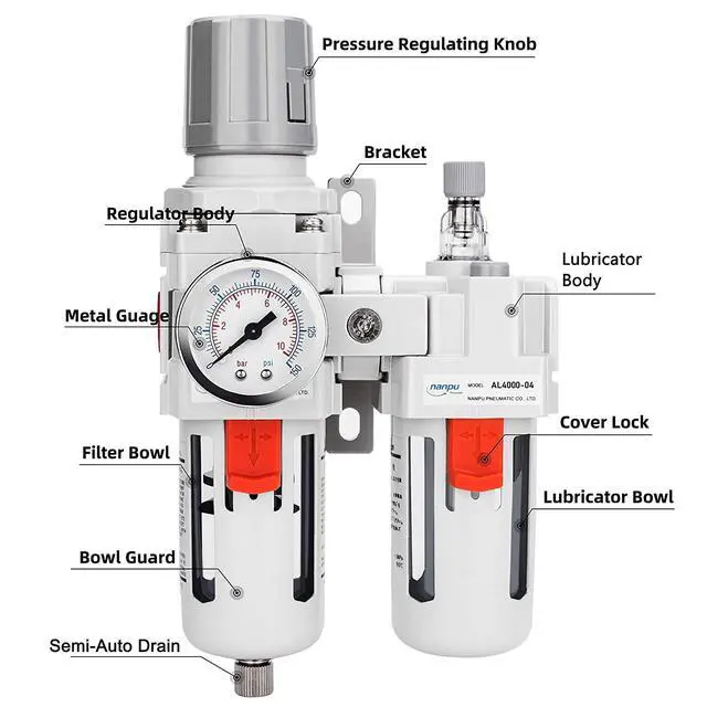 Alt view image 4 of 7 - 1/2" NPT Air Filter Regulator Lubricator Combo, Water Separator,5-micron brass filter, 0-150 psi gauge, poly bowl, semi-auto drain, 60 SCFM, helps protect tools from moisture and debris.
