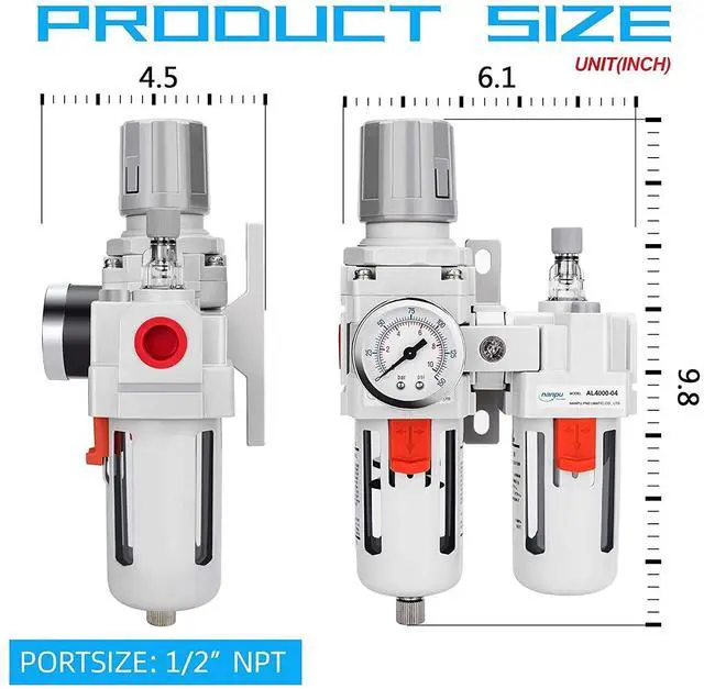 Alt view image 6 of 7 - 1/2" NPT Air Filter Regulator Lubricator Combo, Water Separator,5-micron brass filter, 0-150 psi gauge, poly bowl, semi-auto drain, 60 SCFM, helps protect tools from moisture and debris.
