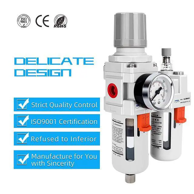 Alt view image 5 of 7 - 3/8" NPT Air Filter Regulator Lubricator Combo, Water Separator,5-micron brass filter, 0-150 psi gauge, poly bowl, semi-auto drain, 60 SCFM, helps protect tools from moisture and debris.