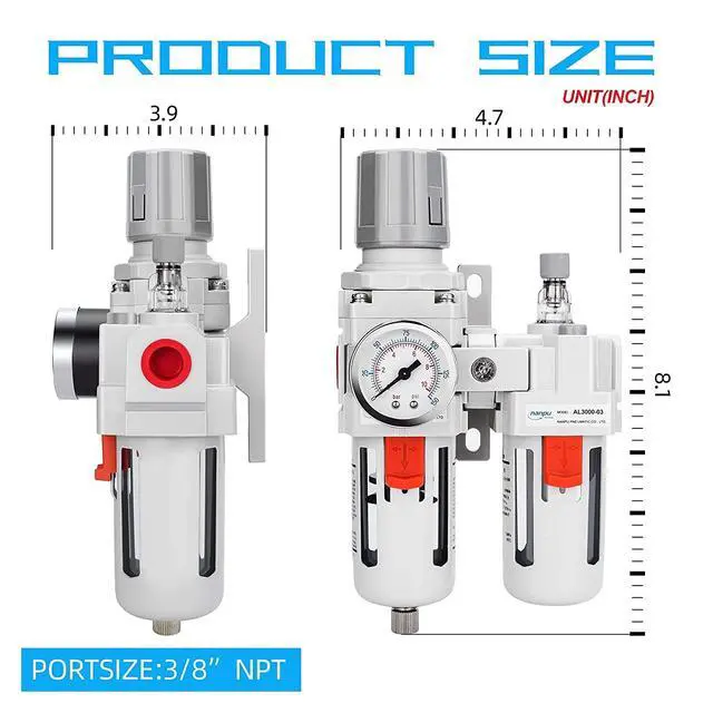 Alt view image 2 of 7 - 3/8" NPT Air Filter Regulator Lubricator Combo, Water Separator,5-micron brass filter, 0-150 psi gauge, poly bowl, semi-auto drain, 60 SCFM, helps protect tools from moisture and debris.
