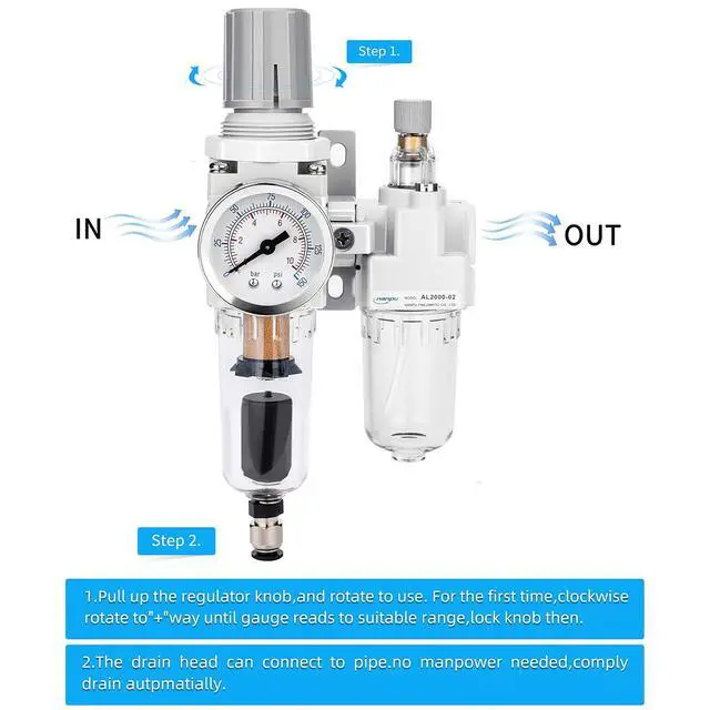 Alt view image 2 of 7 - 1/4" NPT Air Filter Regulator Lubricator Combo, Water Separator, 5-micron brass filter, 0-150 psi gauge, poly bowl, auto drain, 18 SCFM, helps protect tools from moisture and debris