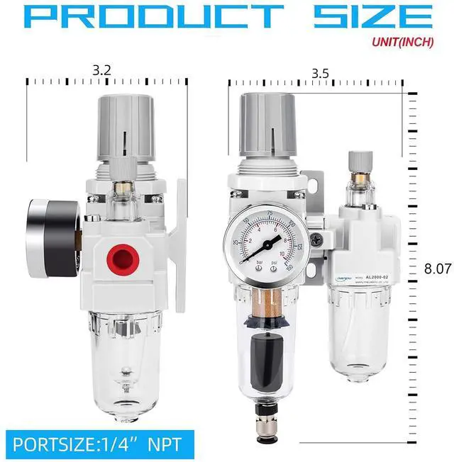 Alt view image 7 of 7 - 1/4" NPT Air Filter Regulator Lubricator Combo, Water Separator, 5-micron brass filter, 0-150 psi gauge, poly bowl, auto drain, 18 SCFM, helps protect tools from moisture and debris