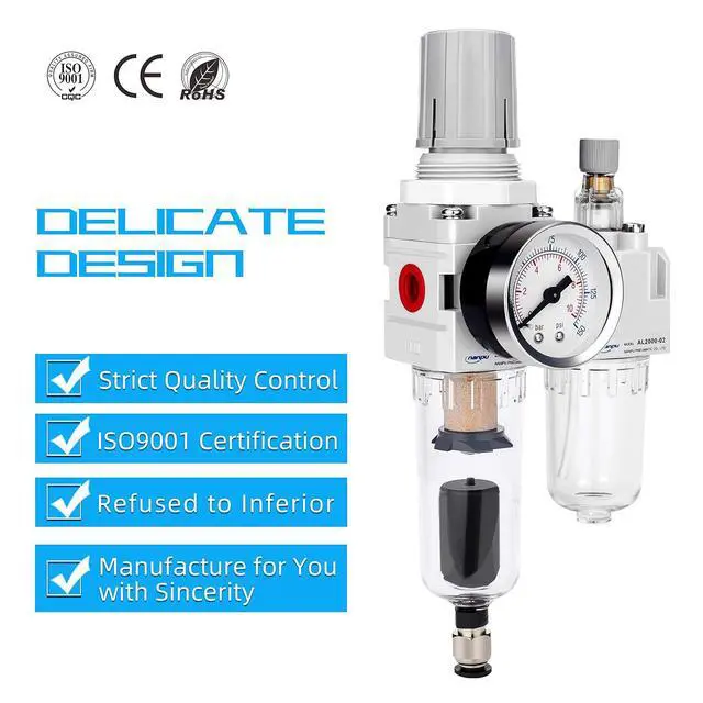 Alt view image 3 of 7 - 1/4" NPT Air Filter Regulator Lubricator Combo, Water Separator, 5-micron brass filter, 0-150 psi gauge, poly bowl, auto drain, 18 SCFM, helps protect tools from moisture and debris
