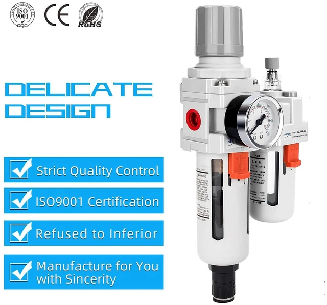 Alt view image 2 of 7 - 3/8" NPT Air Filter Regulator Lubricator Combo, Water Separator ,5-micron brass filter, 0-150 psi gauge, poly bowl, auto drain, 60 SCFM, helps protect tools from moisture and debris