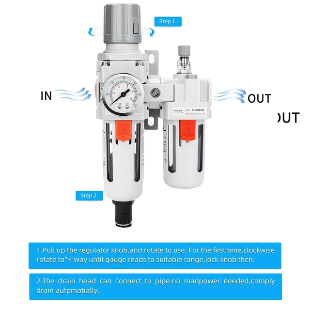 Alt view image 6 of 7 - 3/8" NPT Air Filter Regulator Lubricator Combo, Water Separator ,5-micron brass filter, 0-150 psi gauge, poly bowl, auto drain, 60 SCFM, helps protect tools from moisture and debris