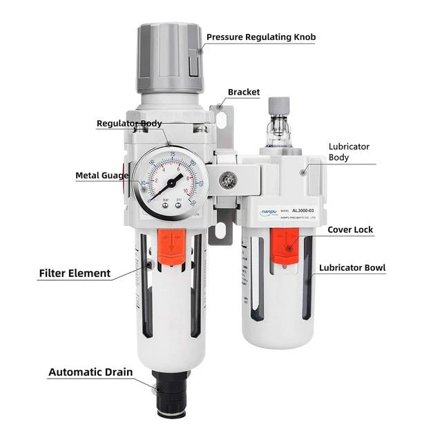 Alt view image 4 of 7 - 3/8" NPT Air Filter Regulator Lubricator Combo, Water Separator ,5-micron brass filter, 0-150 psi gauge, poly bowl, auto drain, 60 SCFM, helps protect tools from moisture and debris