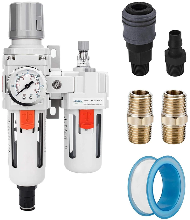 Main image of 3/8" NPT Air Filter Regulator Lubricator Combo, Water Separator ,5-micron brass filter, 0-150 psi gauge, poly bowl, auto drain, 60 SCFM, helps protect tools from moisture and debris