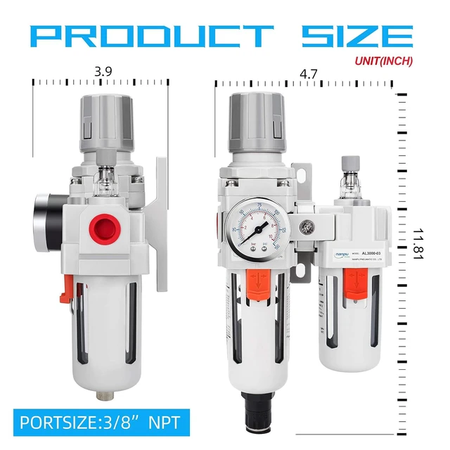Alt view image 7 of 7 - 3/8" NPT Air Filter Regulator Lubricator Combo, Water Separator ,5-micron brass filter, 0-150 psi gauge, poly bowl, auto drain, 60 SCFM, helps protect tools from moisture and debris