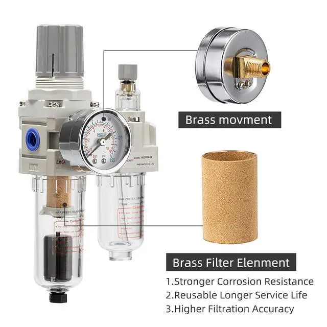 Alt view image 4 of 6 - Air Pressure Regulator with Pressure Gauge(0-150PSI),Water Separator for Air Compressor Auto Drain 1/4 NPT Threaded Interface