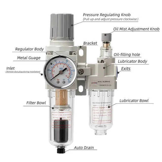 Alt view image 3 of 6 - Air Pressure Regulator with Pressure Gauge(0-150PSI),Water Separator for Air Compressor Auto Drain 1/4 NPT Threaded Interface