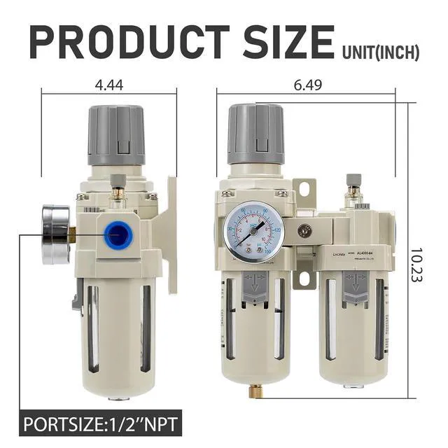 Alt view image 4 of 6 - Industrial Air Compressor Filter Regulator Lubricator (FRL) Unit - 1/2 NPT Oil Water Separator with Pressure Gauge & Semi-Auto Drain for Pneumatic Systems