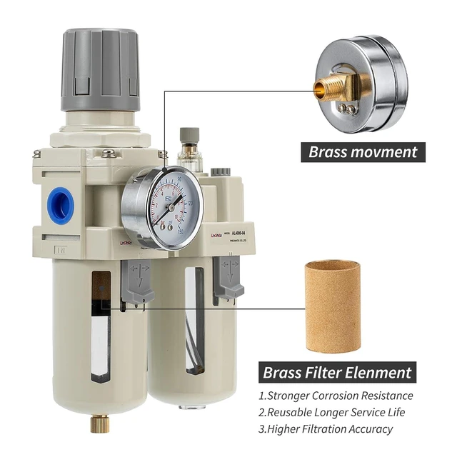 Alt view image 3 of 6 - Industrial Air Compressor Filter Regulator Lubricator (FRL) Unit - 1/2 NPT Oil Water Separator with Pressure Gauge & Semi-Auto Drain for Pneumatic Systems