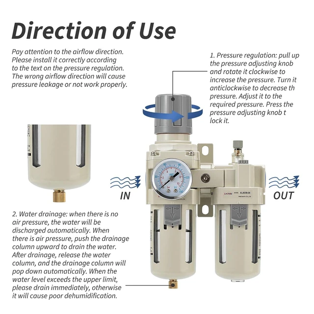 Alt view image 6 of 6 - Industrial Air Compressor Filter Regulator Lubricator (FRL) Unit - 1/2 NPT Oil Water Separator with Pressure Gauge & Semi-Auto Drain for Pneumatic Systems