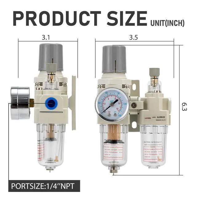 Alt view image 3 of 6 - Air Pressure Regulator with Pressure Gauge(0-150PSI),Water Separator for Air Compressor Semi-Auto Drain 1/4 NPT Threaded Interface