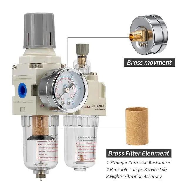 Alt view image 4 of 6 - Air Pressure Regulator with Pressure Gauge(0-150PSI),Water Separator for Air Compressor Semi-Auto Drain 1/4 NPT Threaded Interface