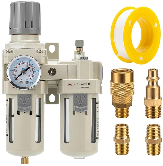 Main image of Air Compressor Filter Regulator Lubricator (FRL) Unit,Air Pressure Regulator with Pressure Gauge(0-150PSI),3/8 NPT Oil Water Separator,Semi-Auto Drain,Suitable for Pneumatic Systems