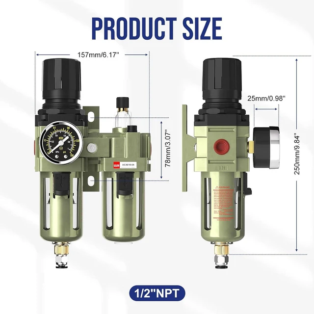 Alt view image 5 of 7 - NPT 1/2" Air Compressor Water Separator Filter Pressure Regulator , AC4010-04,Pneumatic Compressed With Gauger Accessories,Semi-auto Drain Kit