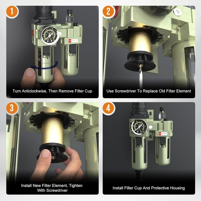 Alt view image 2 of 7 - NPT 1/2" Air Compressor Water Separator Filter Pressure Regulator , AC4010-04,Pneumatic Compressed With Gauger Accessories,Semi-auto Drain Kit