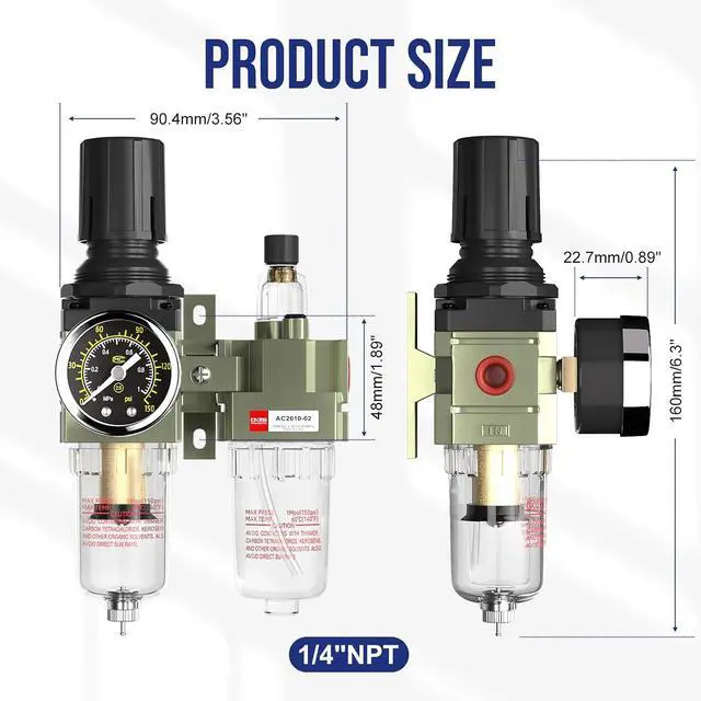Alt view image 6 of 6 - NPT 1/4" Air Compressor Water Separator Filter Pressure Regulator AC2010-02,Pneumatic Compressed With Gauger Accessories,Semi-auto Drain Kit