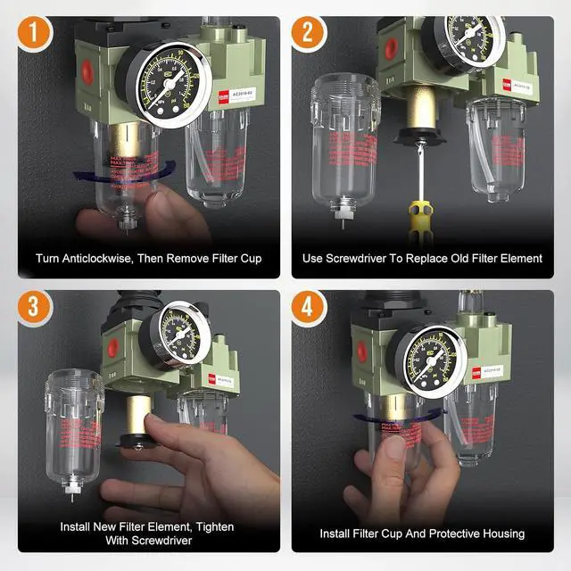 Alt view image 5 of 6 - NPT 1/4" Air Compressor Water Separator Filter Pressure Regulator AC2010-02,Pneumatic Compressed With Gauger Accessories,Semi-auto Drain Kit