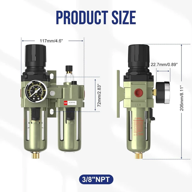 Alt view image 7 of 7 - NPT 3/8" Air Compressor Water Separator Filter Pressure Regulator AC3010-03,Pneumatic Compressed With Gauger Accessories,Semi-auto Drain Kit