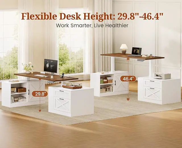 Alt view image 6 of 7 - 71" Farmhouse L Shaped Standing Desk, Electric Height Adjustable Corner Desk with Storage Cabinet & File Drawers, Wood Stand up Computer Desks with Power Outlets for Home Office