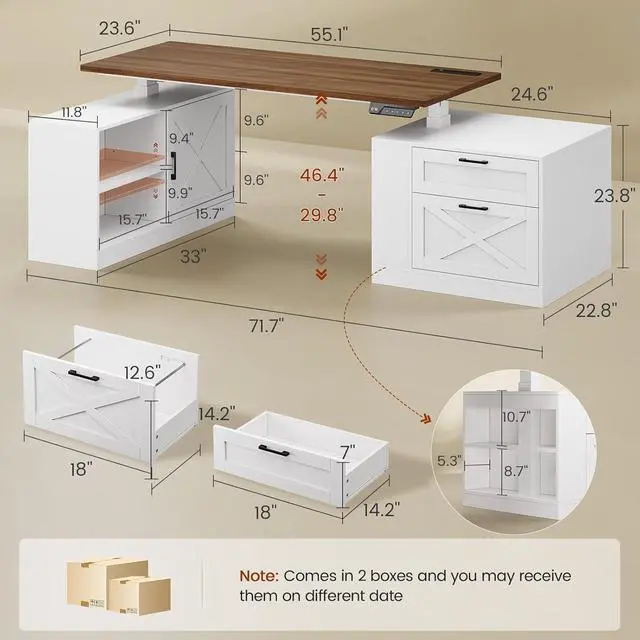 Alt view image 2 of 7 - 71" Farmhouse L Shaped Standing Desk, Electric Height Adjustable Corner Desk with Storage Cabinet & File Drawers, Wood Stand up Computer Desks with Power Outlets for Home Office