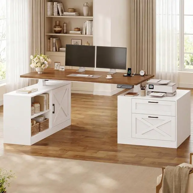 Main image of 71" Farmhouse L Shaped Standing Desk, Electric Height Adjustable Corner Desk with Storage Cabinet & File Drawers, Wood Stand up Computer Desks with Power Outlets for Home Office