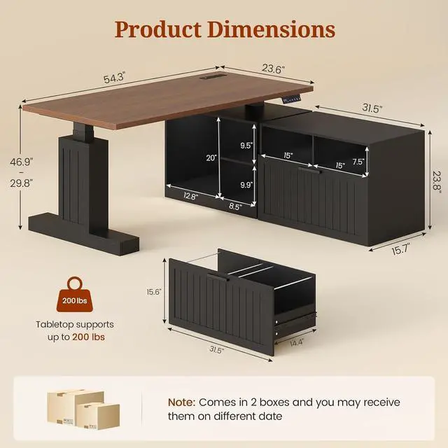 Alt view image 2 of 7 - Farmhouse L Shaped Standing Desk with Lateral File Cabinet, 55.1" X 54.3" Electric Executive Desk Adjustable Height with Power Outlets, Shelves, Sit Stand Corner Computer Desk for Home Office, Black