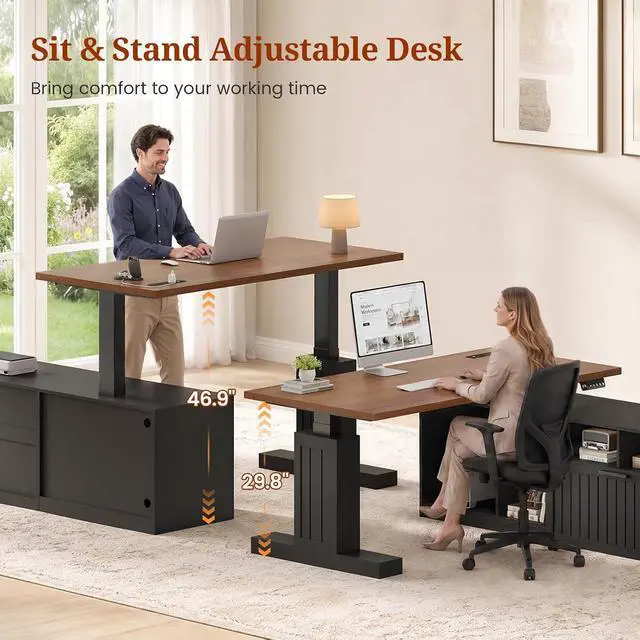 Alt view image 6 of 7 - Farmhouse L Shaped Standing Desk with Lateral File Cabinet, 55.1" X 54.3" Electric Executive Desk Adjustable Height with Power Outlets, Shelves, Sit Stand Corner Computer Desk for Home Office, Black