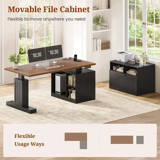 Alt view image 3 of 7 - Farmhouse L Shaped Standing Desk with Lateral File Cabinet, 55.1" X 54.3" Electric Executive Desk Adjustable Height with Power Outlets, Shelves, Sit Stand Corner Computer Desk for Home Office, Black