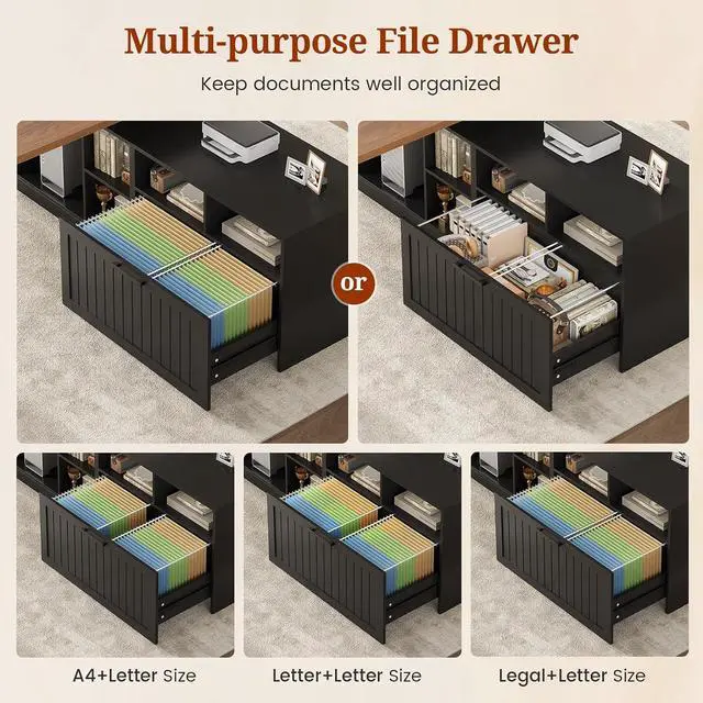 Alt view image 4 of 7 - Farmhouse L Shaped Standing Desk with Lateral File Cabinet, 55.1" X 54.3" Electric Executive Desk Adjustable Height with Power Outlets, Shelves, Sit Stand Corner Computer Desk for Home Office, Black